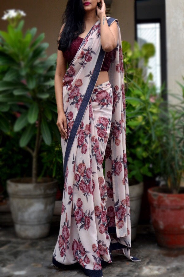 Off White Printed Georgette Saree