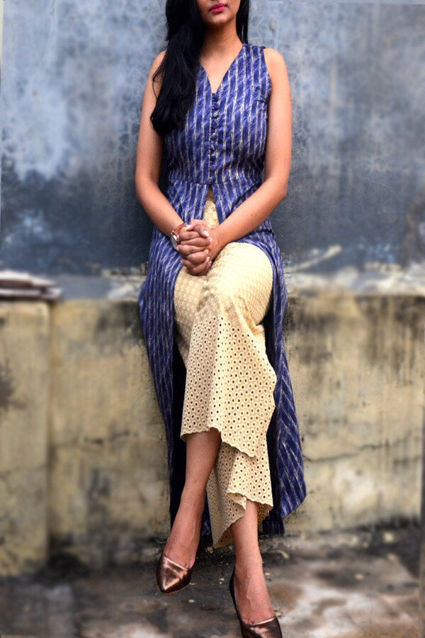 Blue Printed Cotton Silk Front Slit Kurti