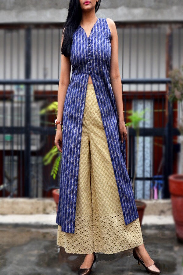 Blue Printed Cotton Silk Front Slit Kurti