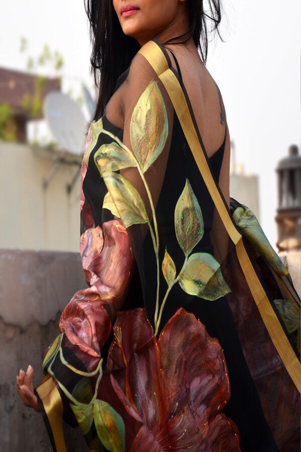 Black Organza Hibiscus Floral Hand Painted Stole
