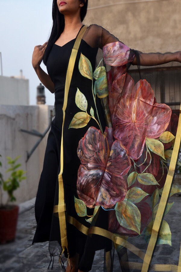 Black Organza Hibiscus Floral Hand Painted Stole