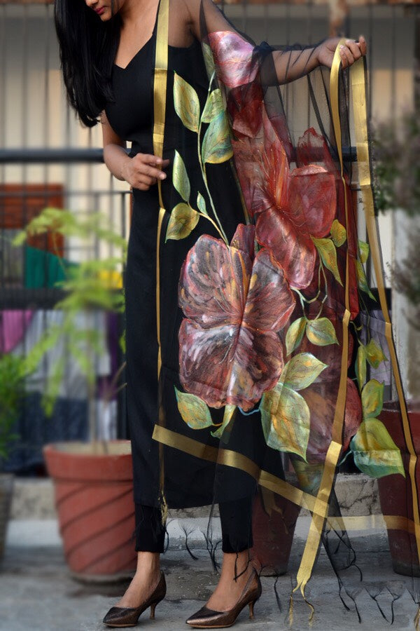 Black Organza Hibiscus Floral Hand Painted Stole