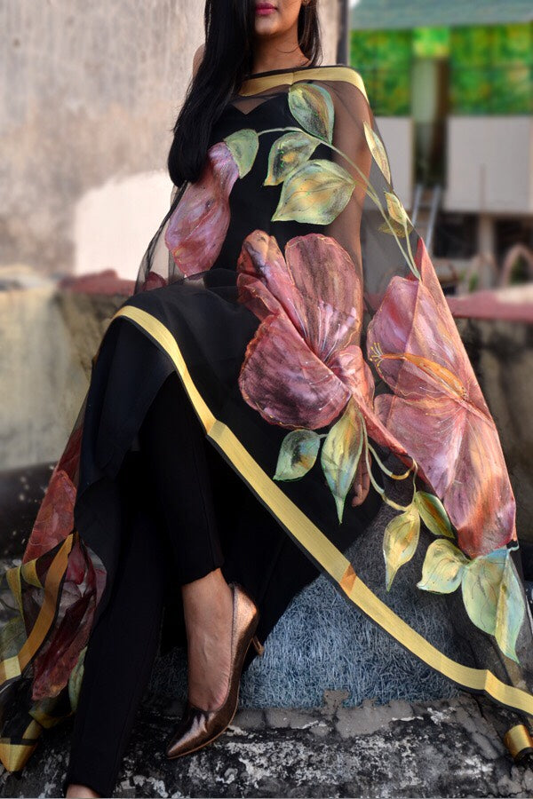 Black Organza Hibiscus Floral Hand Painted Stole