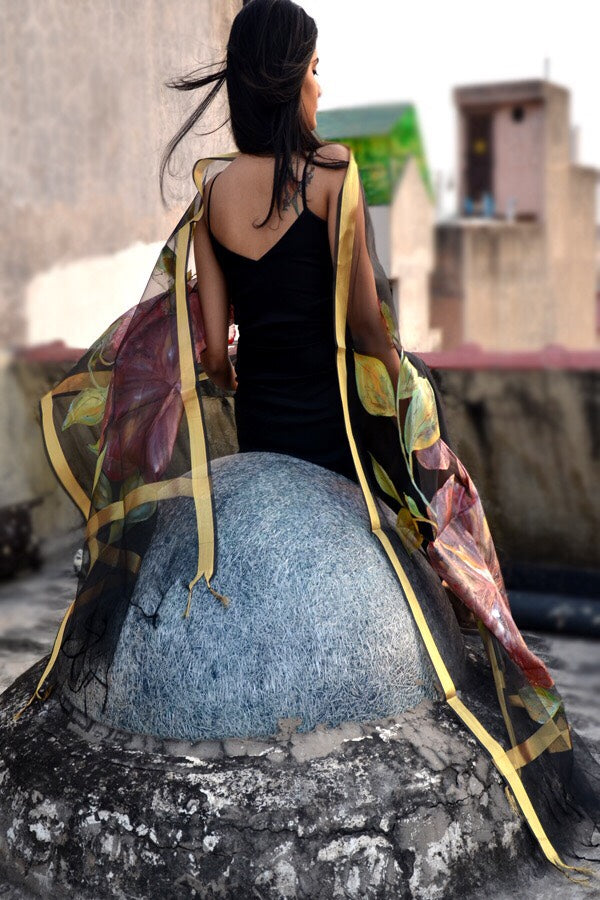 Black Organza Hibiscus Floral Hand Painted Stole