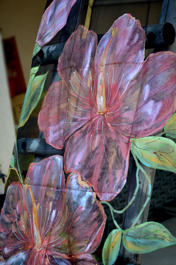 Black Organza Hibiscus Floral Hand Painted Stole