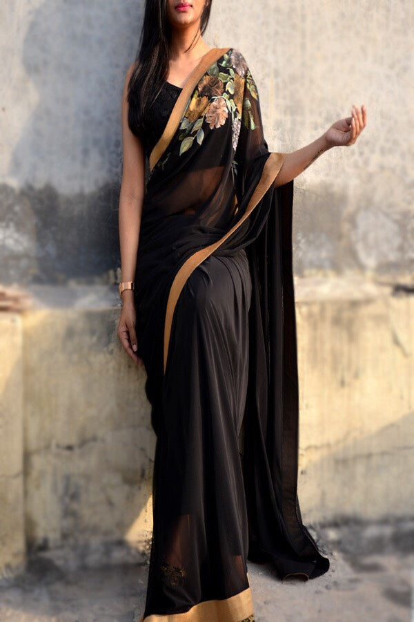 Black Net Hand-Painted Floral Saree