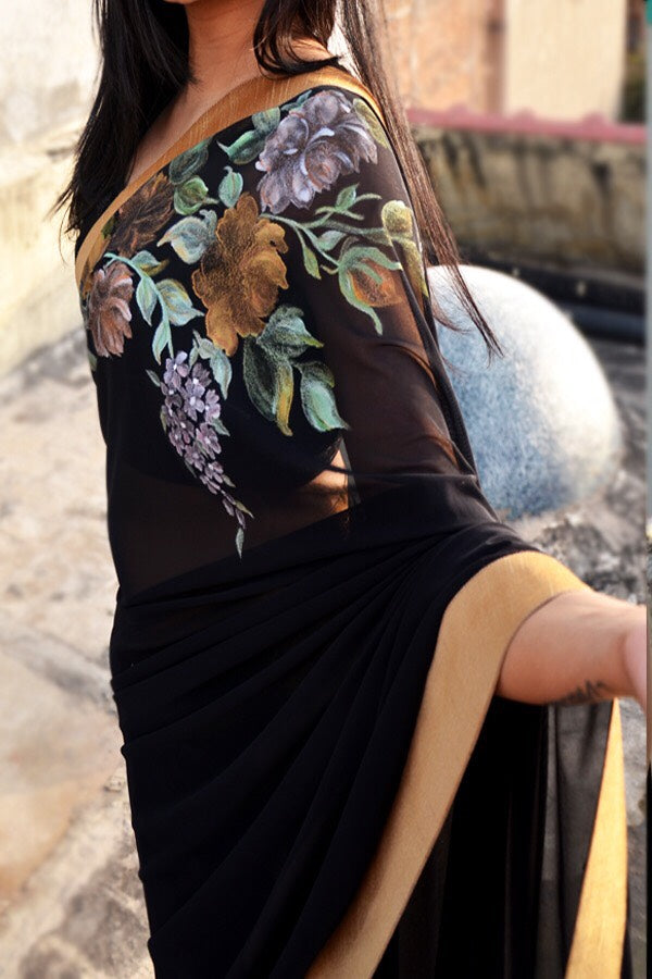 Black Net Hand-Painted Floral Saree