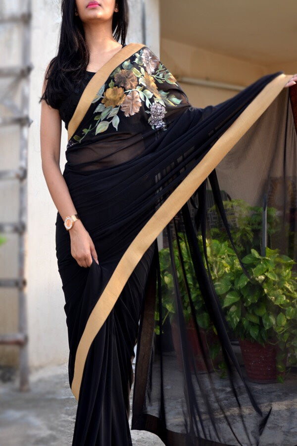 Black Net Hand-Painted Floral Saree