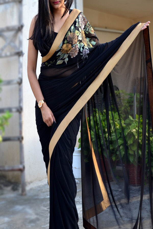 Black Net Hand-Painted Floral Saree