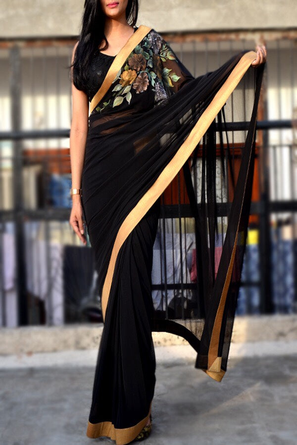 Black Net Hand-Painted Floral Saree