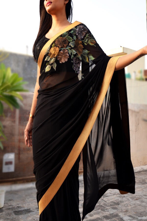 Black Net Hand-Painted Floral Saree