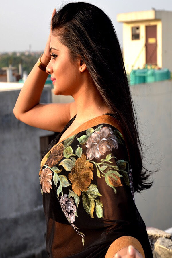 Black Net Hand-Painted Floral Saree