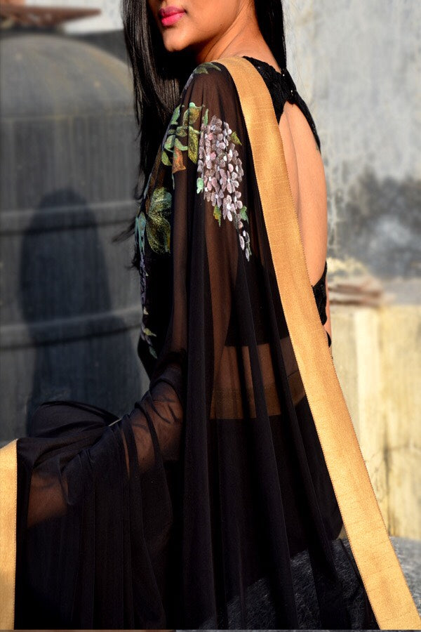 Black Net Hand-Painted Floral Saree