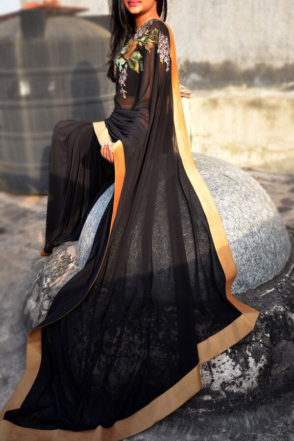 Black Net Hand-Painted Floral Saree