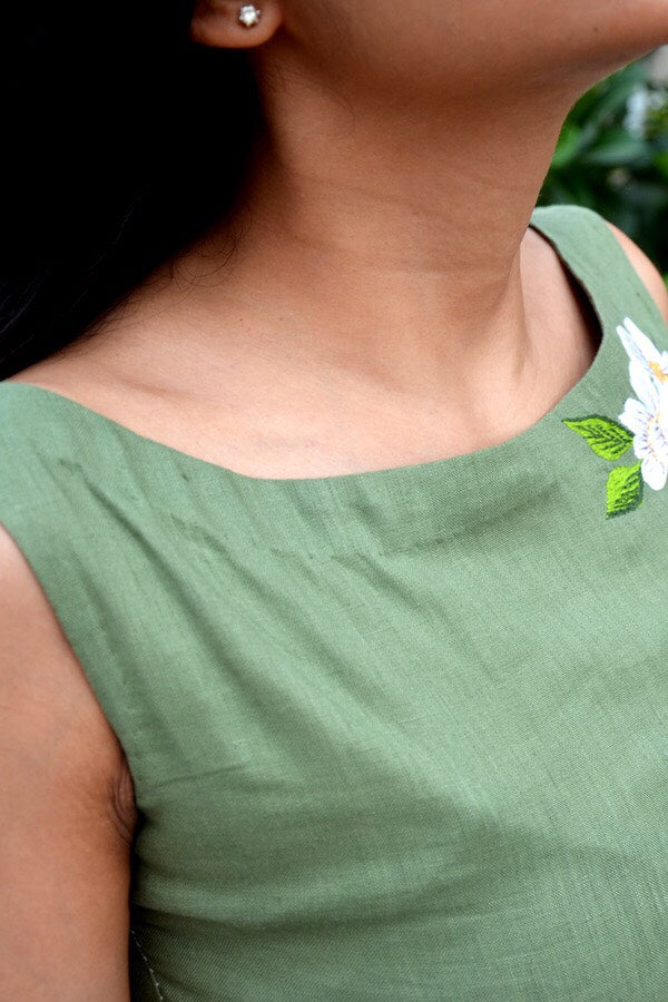Green Linen Embroidered A-Line Kurti Dress