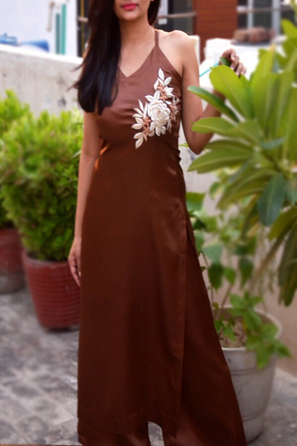Brown Satin Embroidered Straight Kurti Set