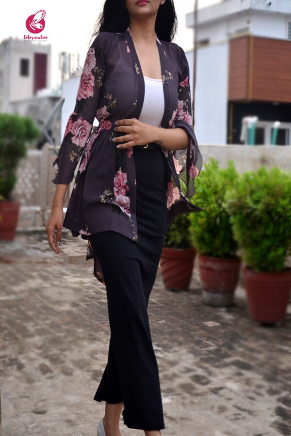 Dark Grey Printed Floral Shrug
