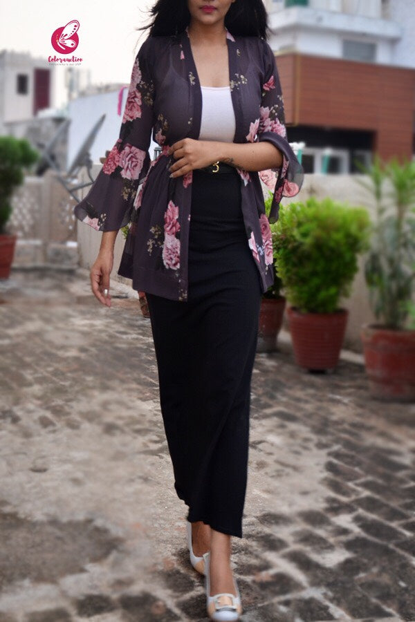 Dark Grey Printed Floral Shrug