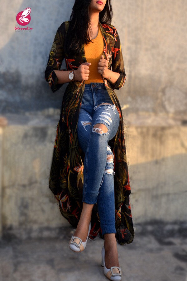 Black Georgette Printed Floral Shrug