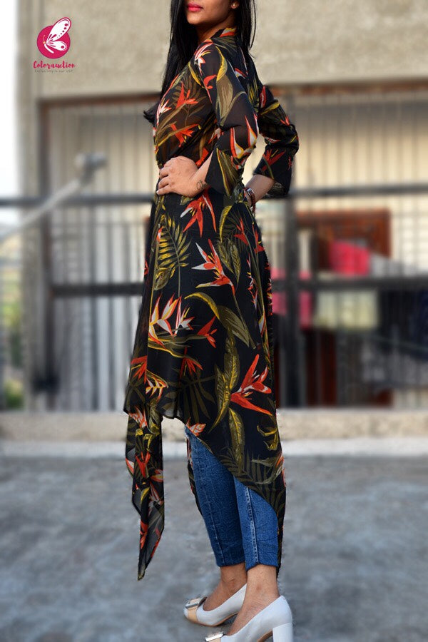 Black Georgette Printed Floral Shrug