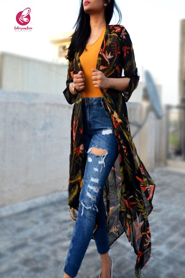 Black Georgette Printed Floral Shrug