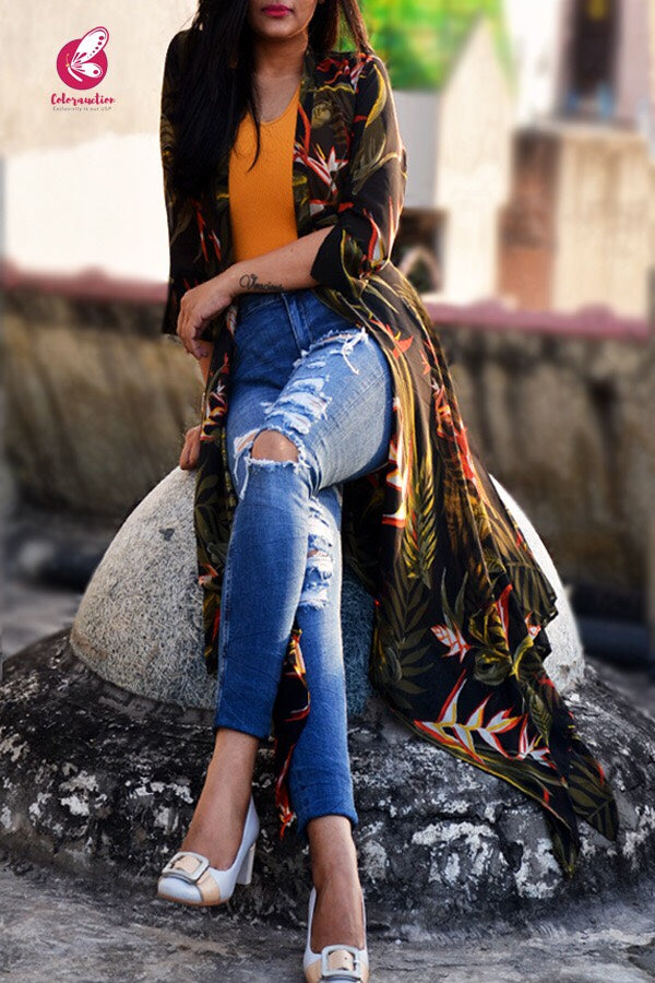 Black Georgette Printed Floral Shrug