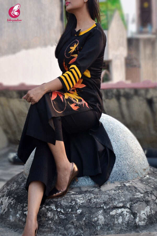 Black Cotton Hand-Painted Straight Kurti