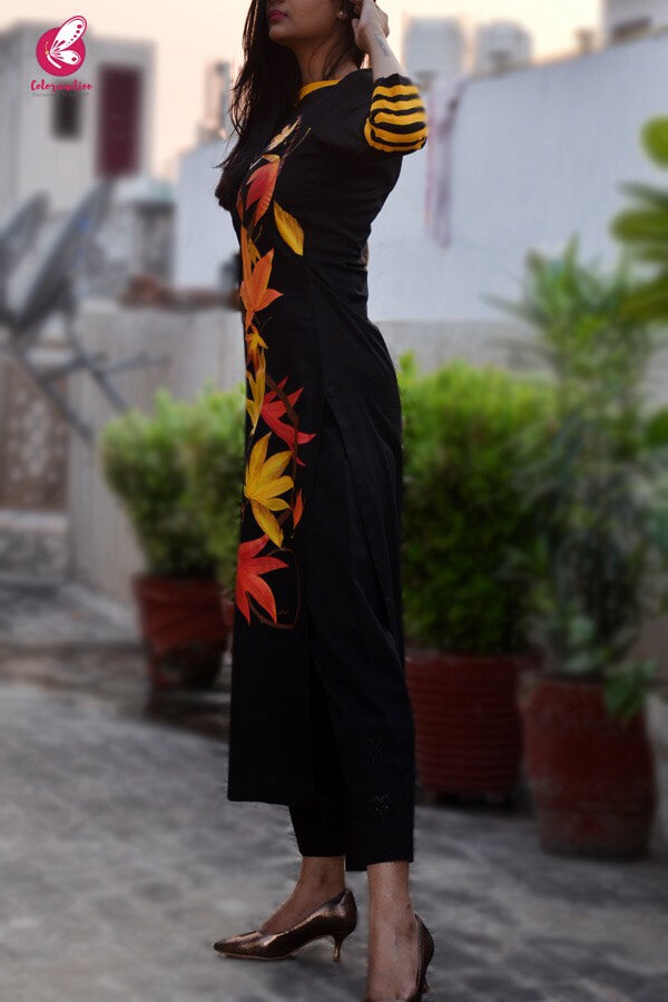 Black Cotton Hand-Painted Straight Kurti