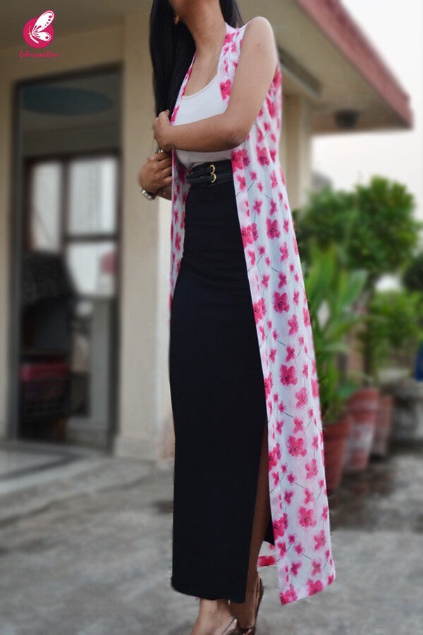 White Georgette Printed Floral Shrug