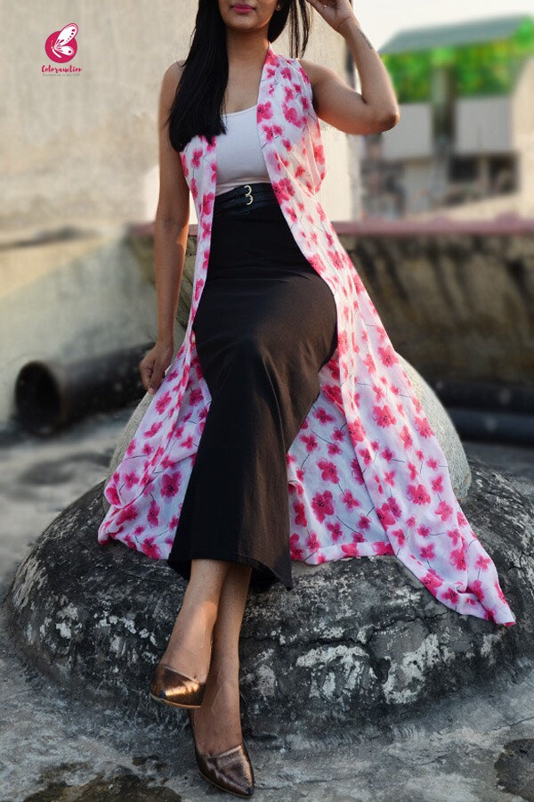 White Georgette Printed Floral Shrug