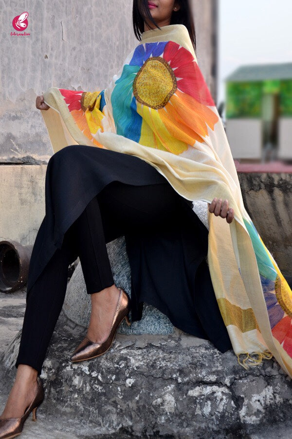 Off White Chanderi Floral Handpainted Stole