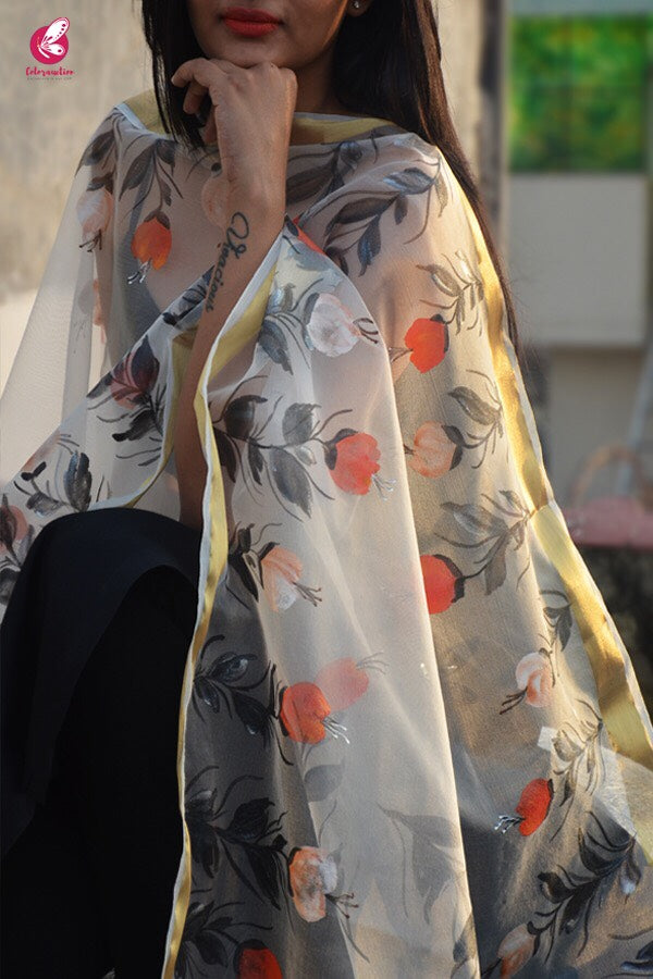 White Organza Floral Hand painted Stole