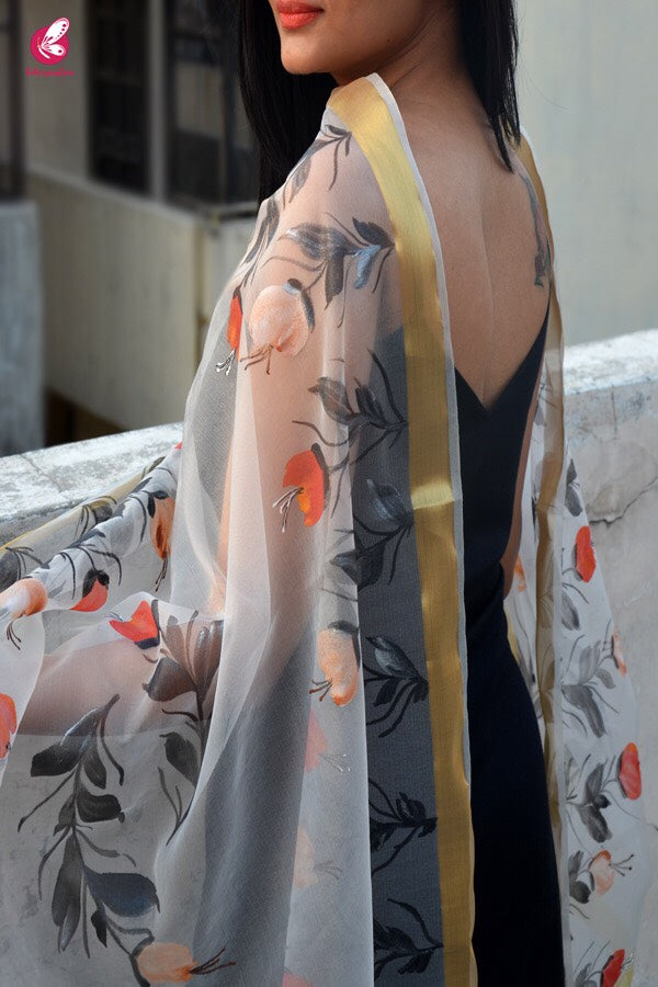 White Organza Floral Hand painted Stole