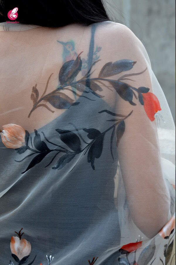 White Organza Floral Hand painted Stole