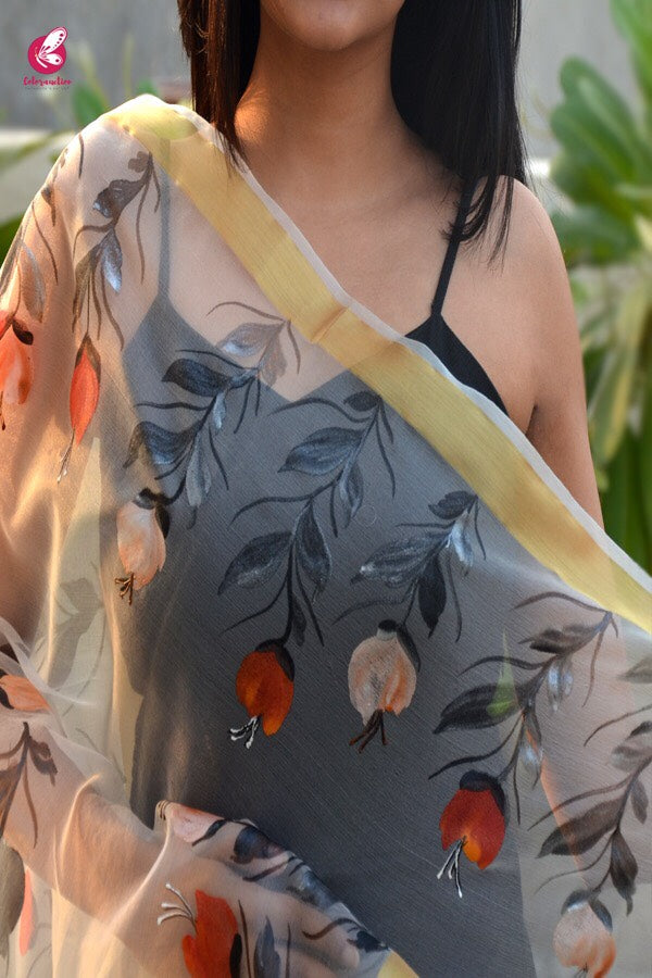 White Organza Floral Hand painted Stole
