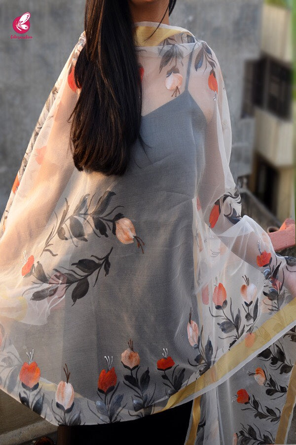 White Organza Floral Hand painted Stole