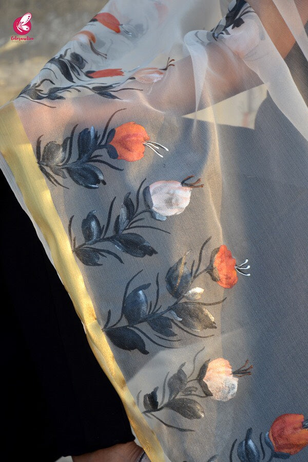White Organza Floral Hand painted Stole