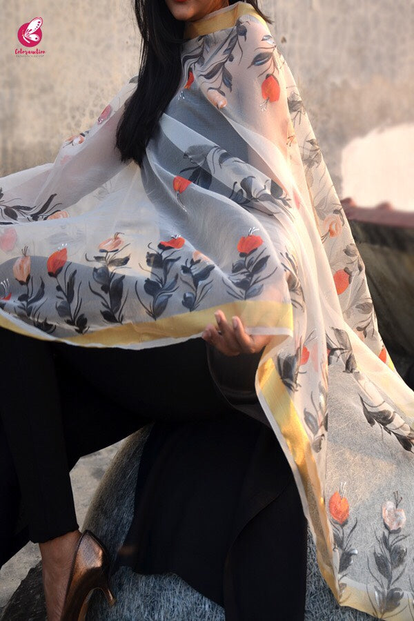 White Organza Floral Hand painted Stole