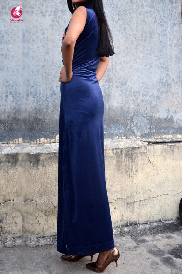 Blue Silky Velvet Sleeveless Maxi Dress