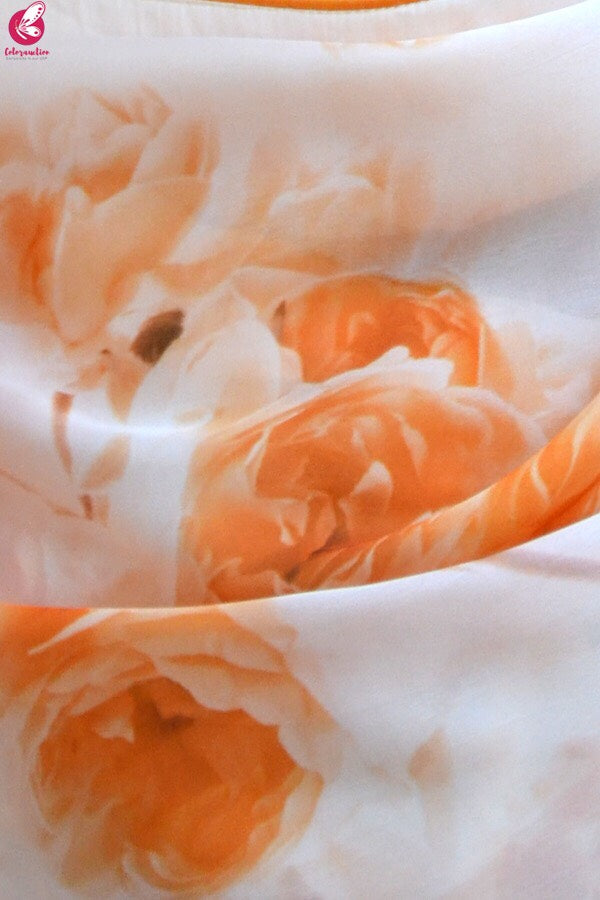 Cream Orange Digital Print Satin Georgette Dupion Silk Taping Saree