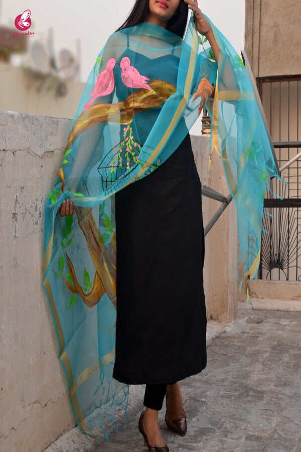 Sky Blue Oraganza Handpainted Stole