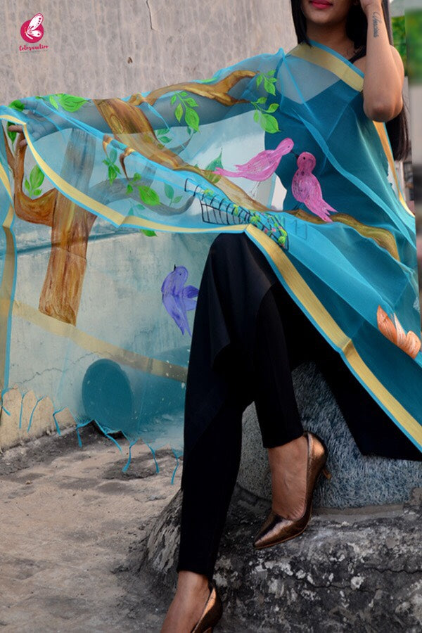 Sky Blue Oraganza Handpainted Stole