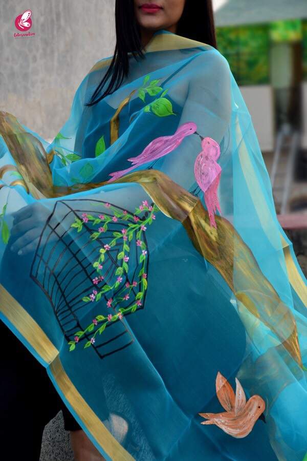Sky Blue Oraganza Handpainted Stole
