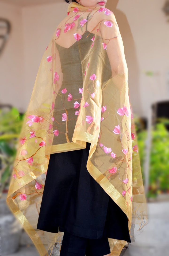 Golden Organza Hand Painted Floral Stole