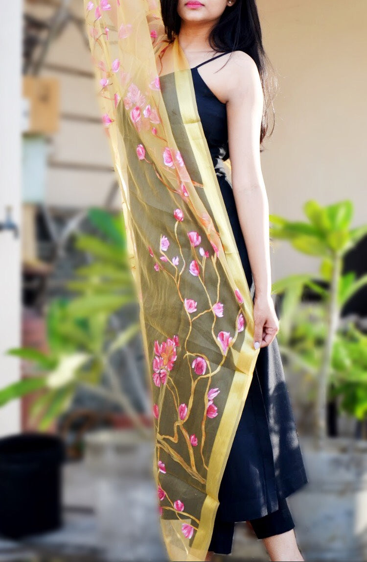 Golden Organza Hand Painted Floral Stole