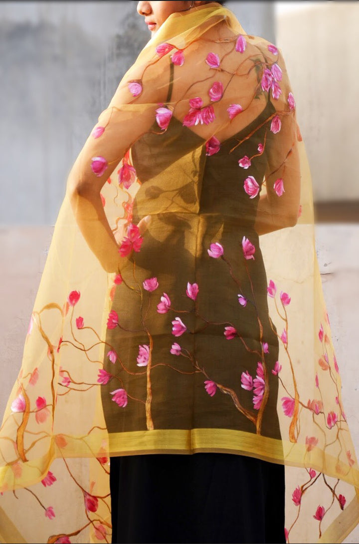 Golden Organza Hand Painted Floral Stole