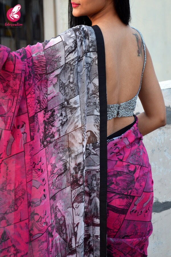 Grey and Pink Printed Georgette Saree