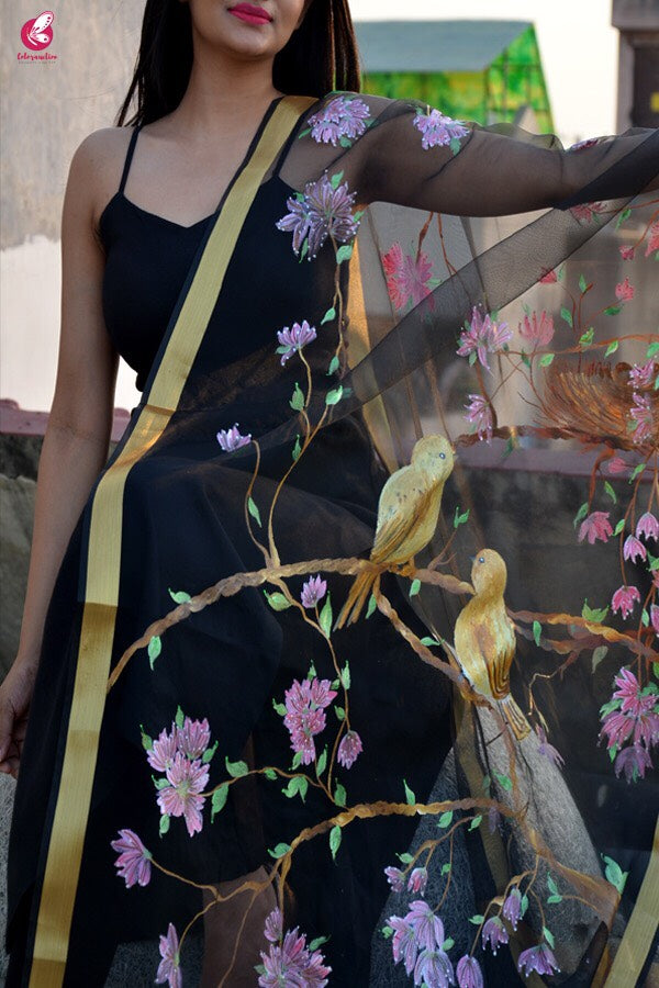 Black Organza Bird Nest Handpainted Stole