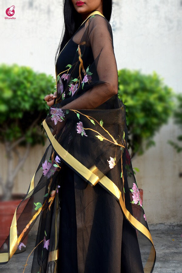 Black Organza Bird Nest Handpainted Stole