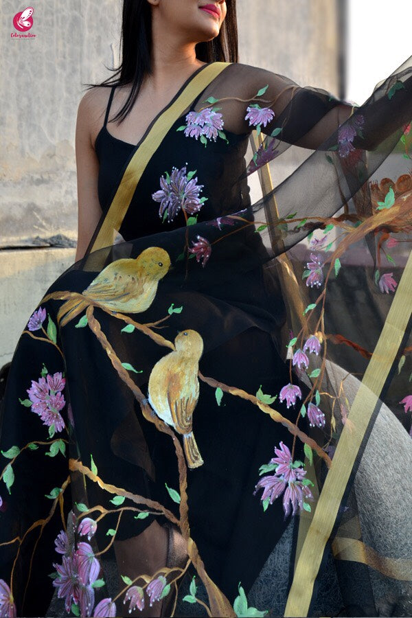 Black Organza Bird Nest Handpainted Stole
